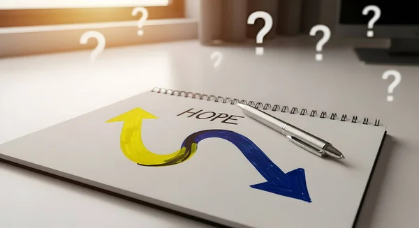 AI direction concept illustration showing a notebook with two hand-drawn arrows in opposite directions  one yellow pointing upward and one blue pointing downward.