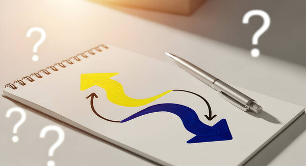 AI direction concept illustration showing a notebook with two hand-drawn arrows in opposite directions  one yellow pointing upward and one blue pointing downward.