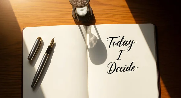AI motivational flat lay scene featuring an open notebook with the inspiring phrase Today I Decide, a classic fountain pen resting on the page, and an elegant hourglass casting a soft shadow in warm natural sunlight.