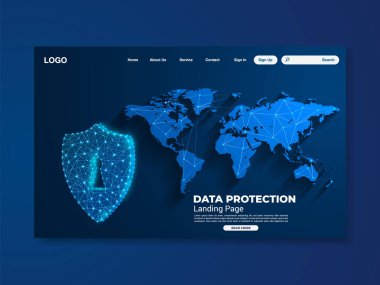 Dünya haritası ağ koruma teknolojisi iniş sayfası, mavi arayüz, vektör, illüstrasyon, eps 10 dosya