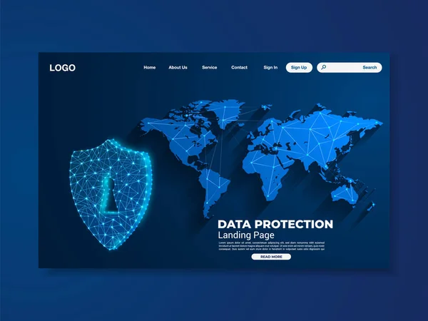 World Map Network Protection Technology Landing Page Μπλε Διεπαφή Διάνυσμα — Διανυσματικό Αρχείο