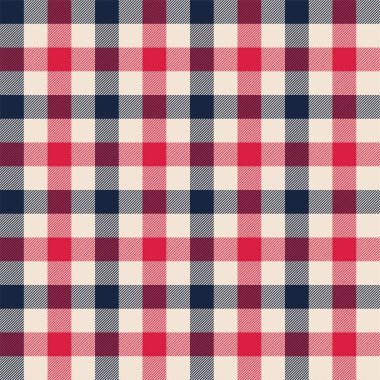 Kırmızı, lacivert ve kremalı kalın gingham şablonu klasik ve sıradan bir tekstil tasarımı için basit kesişme kareleri içeriyor.