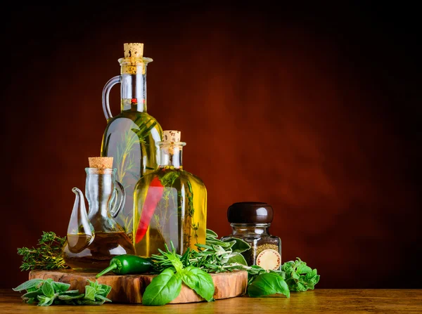 Virgin Olive Oil, Basil and Rosemary with Copy Space — Stock Photo, Image