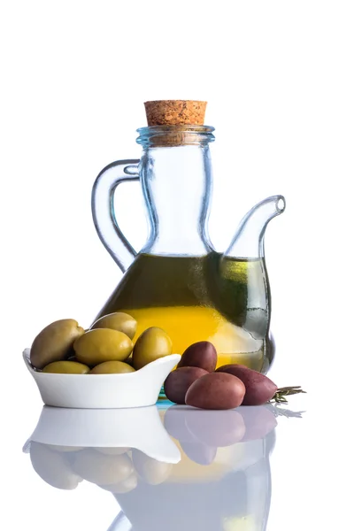 Olives and Olive Oil on White Background — Stock Photo, Image