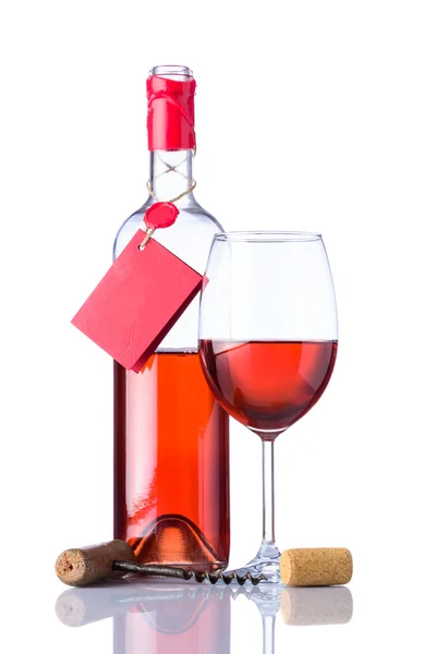 Rose Bottle Wine with Label and Wineglass on White — Stock Photo, Image