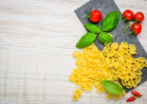 Conchiglie Rigate Pasta och kopia utrymme — Stockfoto