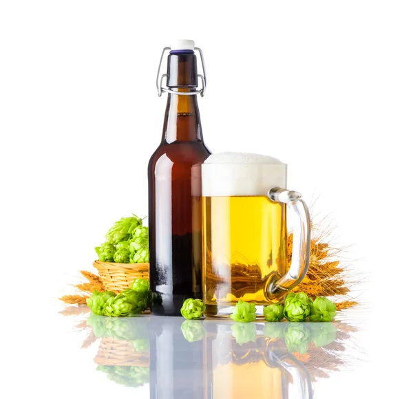 Gyllene öl med vete och humle — Stockfoto