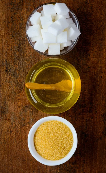 Sweeteners on Wooden Table-top — Stock Photo, Image