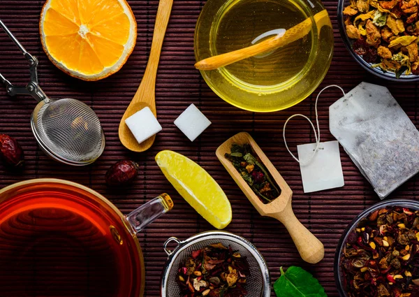 Chá, ingredientes e adoçantes — Fotografia de Stock