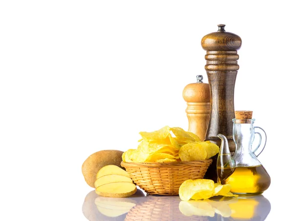 Potato Chips with Salt-mill and Pepper-mill — Stock Photo, Image