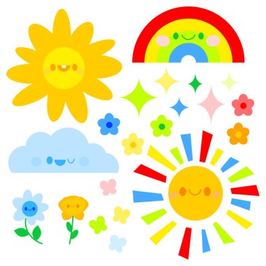 Güneş, karanlık, gökkuşağı ve çiçeklerden oluşan bir karikatür seti.