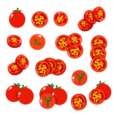 Farklı kırmızı domatesler, dilimlenmiş ve bütün.