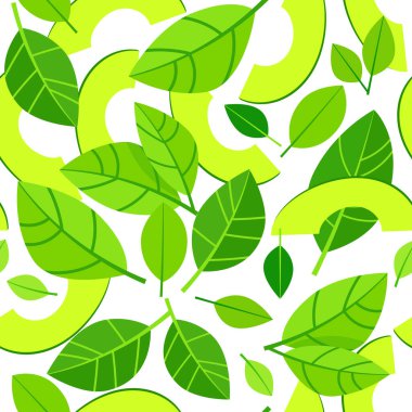 Yeşil avokado dilimlerinin kusursuz deseni ve beyaz arka planda yapraklar.