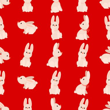 Kırmızı arka planda minimalist paskalya tavşanlarının kusursuz deseni.