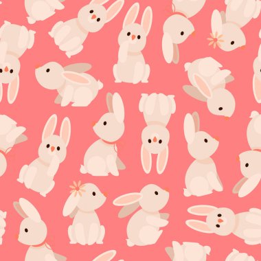 Paskalya pürüzsüz desenli, pastel pembe arka planda farklı şirin tavşanlar.