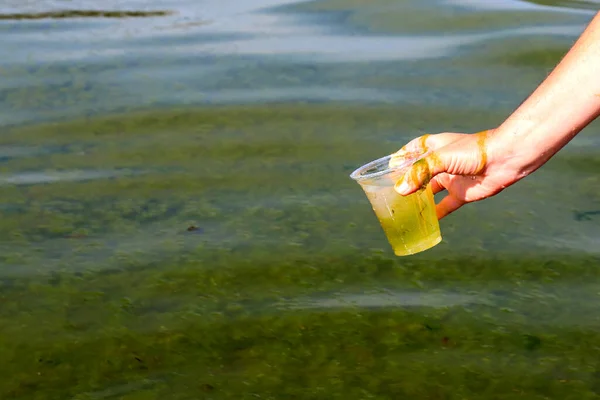 Wereldwijde Milieuverontreiniging Een Man Verzamelt Vuil Groen Water Met Algen — Stockfoto