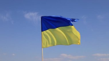 Ukrayna 'nın büyük ulusal bayrağı mavi gökyüzünde dalgalanıyor. Büyük sarı Ukrayna bayrağı Bağımsızlık, Bayrak, Anayasa Günü, Ulusal Bayram boyunca dalgalanır