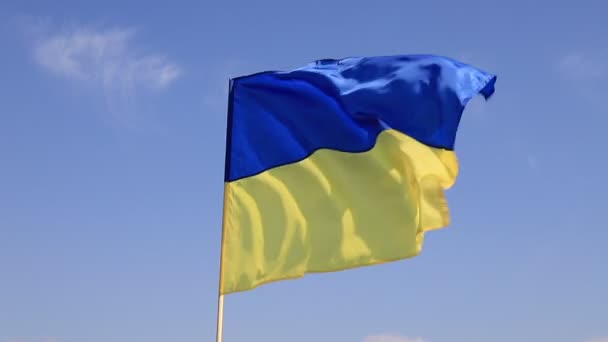 Grande Bandeira Nacional Ucrânia Voa Céu Azul Grande Bandeira Estado — Vídeo de Stock