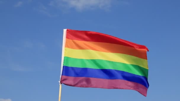 Fluturând Steagul Curcubeului Mândrie Gay Cerul Albastru Vară Drapelul Realist — Videoclip de stoc