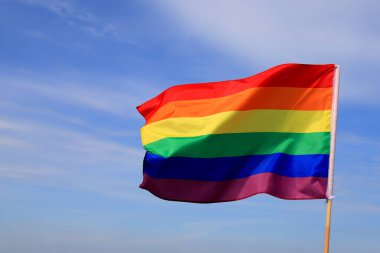 Mavi gökyüzünde gey gökkuşağı bayrağı sallıyor. Lezbiyen, gey, biseksüel, transseksüel insanlar için LGBT topluluğunun parlak bayrağı.