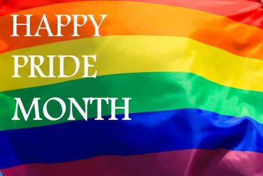 LGBT organizasyon gökkuşağı bayrağı ve Mutlu Gurur ayı yazıtları. LGBT gurur bayrakları arasında lezbiyen, gey, biseksüel, transseksüel, aseksüel