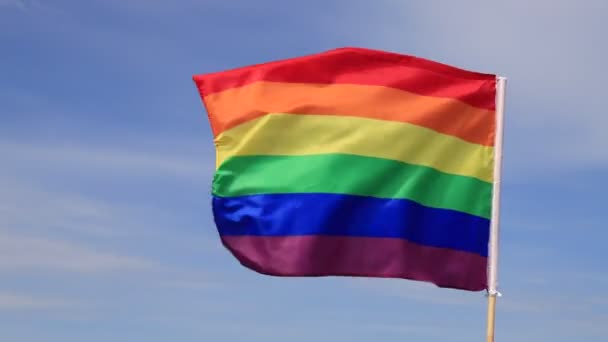 Beautiful Rainbow Flag Lgbt Organization Flies Cloudy Sky Lgbt Pride — Stock Video