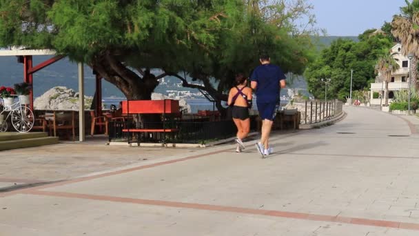 Homem Uma Mulher Correr Início Manhã Bay Montenegro Estilo Vida — Vídeo de Stock