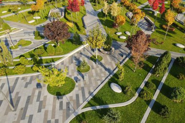 Resimli sarı portakal ağaçları ve yapraklarıyla güzel bir sonbahar parkı. Dnipro, Ukrayna 'daki sonbahar sokakları, hava fotoğrafları, insansız hava aracı manzarası.