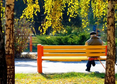 An elderly man sitting  on the  bench in autumn park.