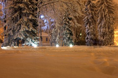 Kar kış akşam sokakta.