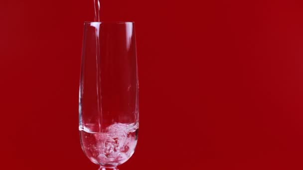 Lo champagne viene versato in un bicchiere su fondo rosso — Video Stock