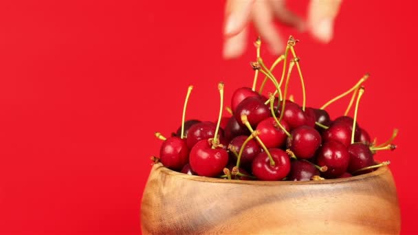 Una mano mans tomar cerezas rojas maduras en cuenco de madera sobre fondo rojo — Vídeos de Stock