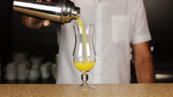 Barmen hand with shaker pouring cocktail — Stock Video