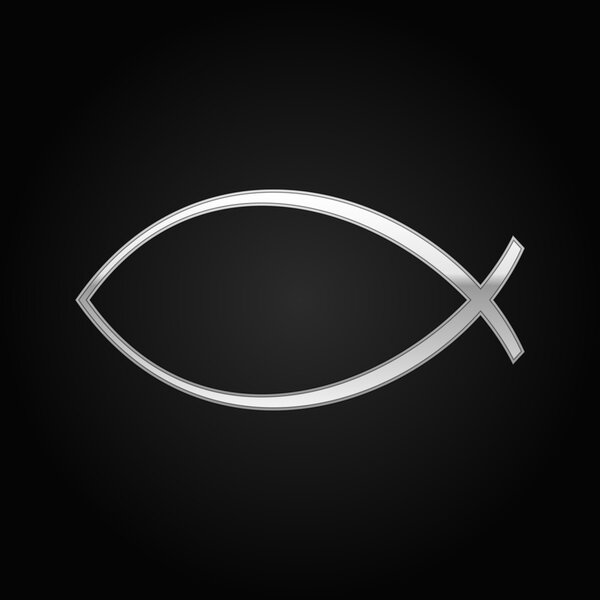 Серебряная христианская рыба на черном фоне. Векторная миграция
