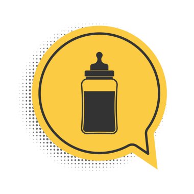 Siyah bebek ikonu beyaz arka planda izole edilmiş. Beslenme şişesi simgesi. Süt şişesi tabelası. Sarı konuşma balonu sembolü. Vektör.