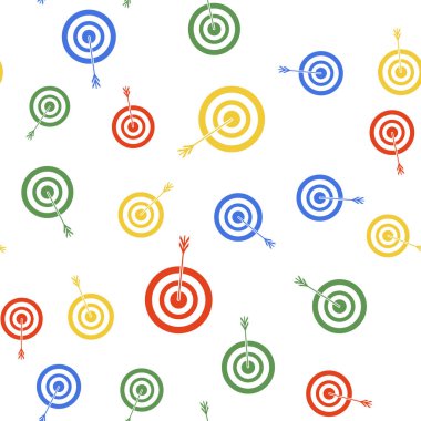 Ok simgesine sahip renkli hedef beyaz arkaplanda izole edilmiş pürüzsüz desen. Dart tahtası işareti. Okçuluk tahtası simgesi. Dartboard işareti. İş hedefi kavramı. Vektör.