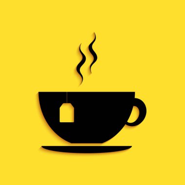 Sarı arka planda izole edilmiş siyah çay poşeti ikonu. Uzun gölge tarzı. Vektör.