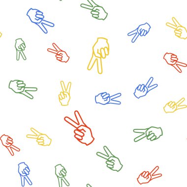 Renkli El, beyaz arkaplanda iki parmak izi gösteriyor. Zafer el işareti. Vektör.