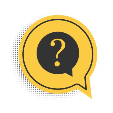 Beyaz arkaplanda izole edilmiş daire simgesindeki siyah soru işareti. Tehlike uyarısı sembolü. SSS işareti. Dosyaları kopyala, sohbet balonu ve grafik web simgeleri. Sarı konuşma balonu sembolü. Vektör.