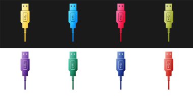 Siyah ve beyaz arkaplanda USB kablo ikonunu izole et. PC ve mobil cihazlar için bağlantı ve soketler. Akıllı telefon şarj kaynağı. Vektör.