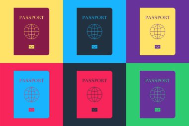 Renkli arka planda biyometrik veri simgesine sahip pop sanat pasaportu. Kimlik Belgesi. Vektör.