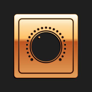 Altın Elektrik düğmesi simgesi siyah arkaplanda izole edildi. Açık ve kapalı simgesi. Loş ışık düğmesi işareti. Enerji tasarrufu kavramı. Uzun gölge tarzı. Vektör.