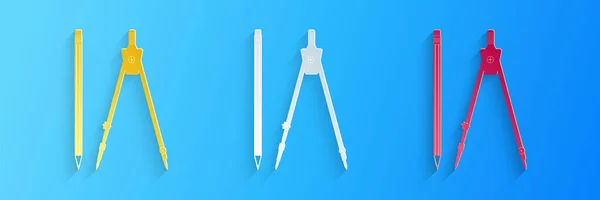 Papier Découpé Dessin Icône Boussole Crayon Isolé Sur Fond Bleu — Image vectorielle
