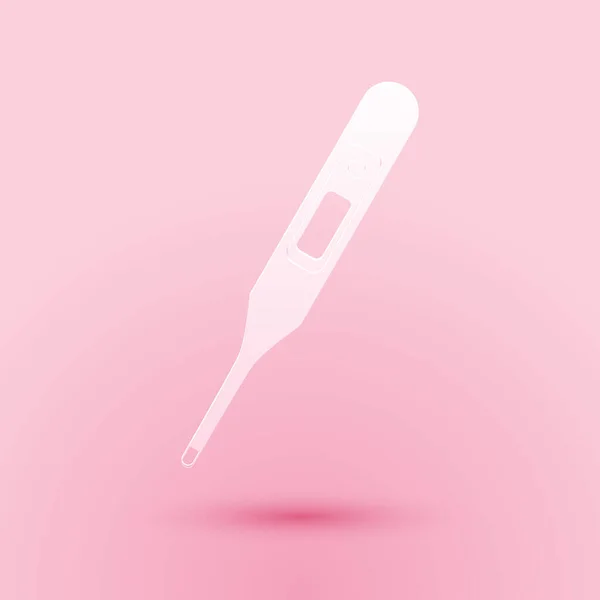 切纸式医用数字式体温计 用于在粉色背景下隔离的体格检查图标 造纸艺术风格 — 图库矢量图片