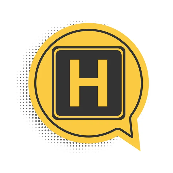 Zwarte Ziekenhuis Teken Pictogram Geïsoleerd Witte Achtergrond Gele Spraakbel Symbool — Stockvector