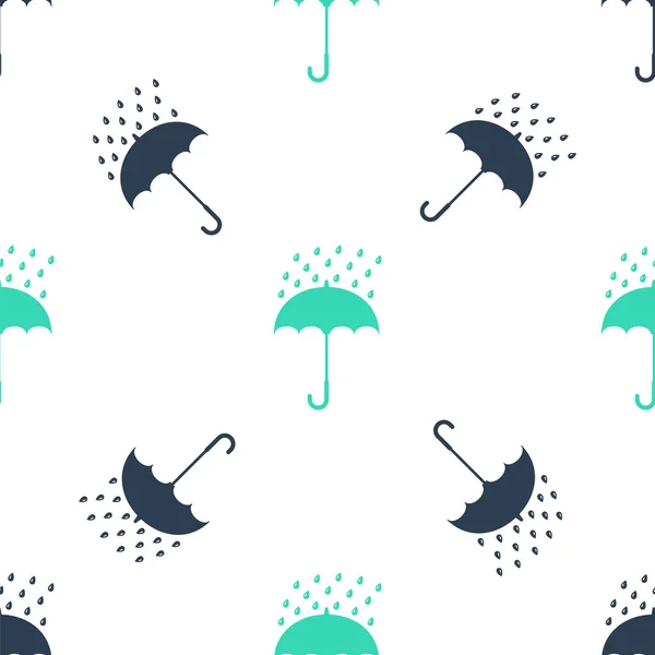 Зеленый Umbrella Капли Дождя Значок Изолированный Бесшовный Узор Белом Фоне — стоковый вектор