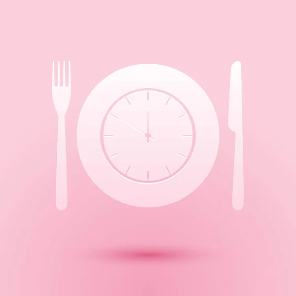 Paper Cut Plate Clock Fork Knife Icon Isolated Pink Background — Stock Vector