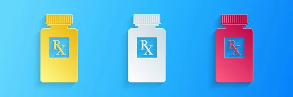Papír Vágott Pill Üveg Jel Tabletták Ikon Elszigetelt Kék Alapon — Stock Vector