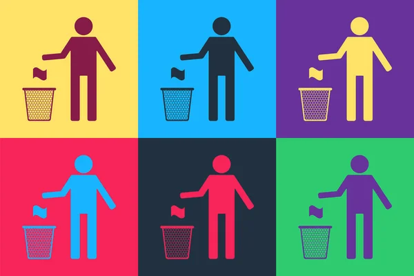 Pop Art Man Gooien Afval Vuilnisbak Pictogram Geïsoleerd Kleur Achtergrond — Stockvector