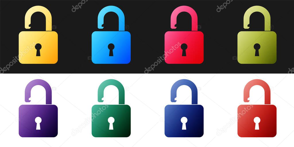 Set Open padlock icon isolated on black and white background. Opened lock sign. Cyber security concept. Digital data protection. Safety safety.  Vector.